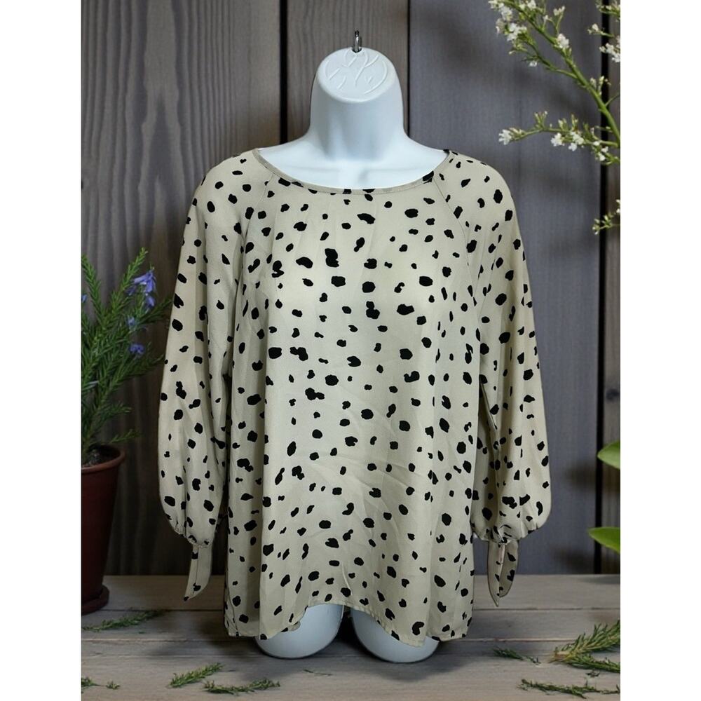 Papermoon Blouse Sz Large Beige with Black Spots Semi Sheer Top 3/4 Sleeve